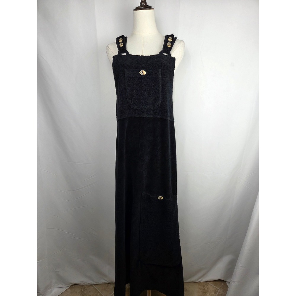 SomeWhat Funky Overall Maxi Dress Vintage 90s S Black Mixed Sherpa Velvet Boho